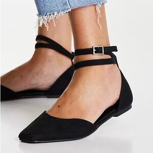 ASOS DESIGN Black Pointed Toe Ankle Strap Ballet Flats Faux Suede Size 7